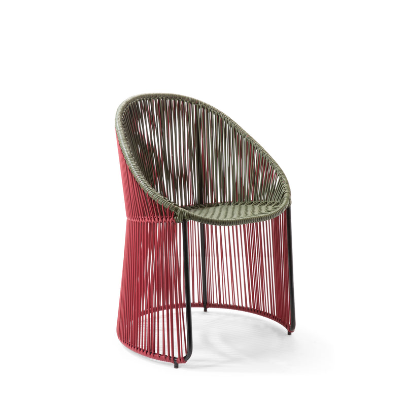 The Ames Cartagenas Dining Chair by Ames features a rounded backrest with olive green and red woven cords on a metal frame. It has an olive seat and back, red sides and legs, and is shown against a white background.
