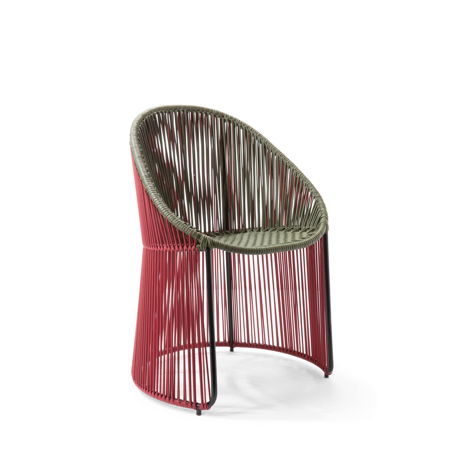 The Ames Cartagenas Dining Chair by Ames features a rounded backrest with olive green and red woven cords on a metal frame. It has an olive seat and back, red sides and legs, and is shown against a white background.