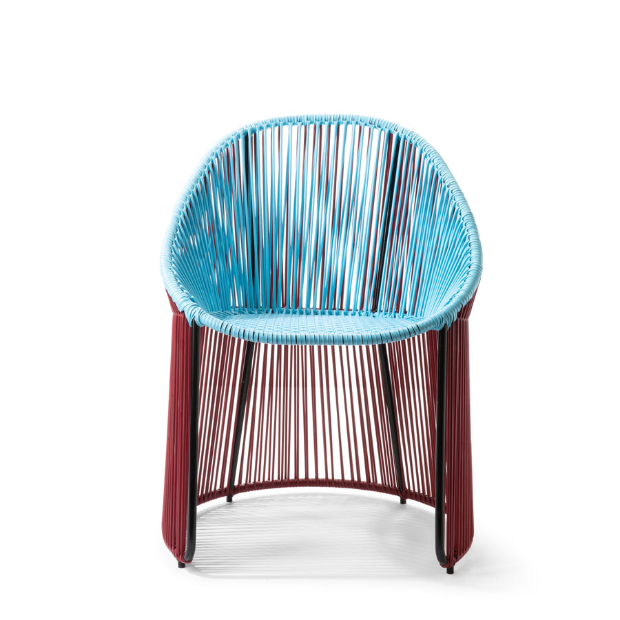 The Ames Cartagenas Dining Chair by Ames features a circular seat with tightly woven blue cords, vertical maroon cord legs, and a rounded open back atop four short legs for an airy, modern look.