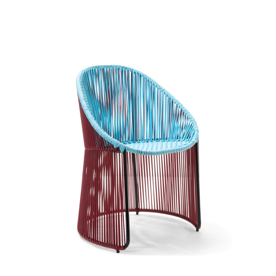Part of the Ames Cartagenas collection, the Ames Cartagenas Dining Chair features a rounded back and seat in light blue cords, burgundy cord legs, and open black metal supports for a modern, airy look.