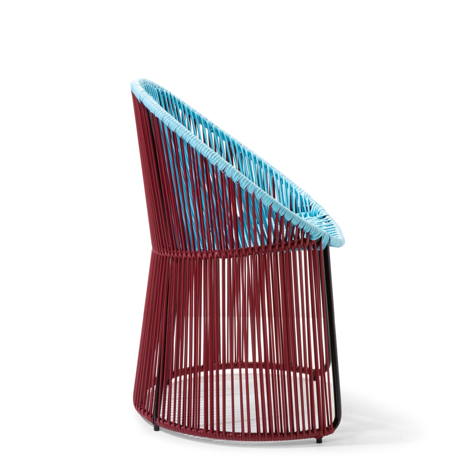 The Ames Cartagenas Dining Chair by Ames features a circular base, open sides, vertical red rods for the frame, and a woven light blue seat and backrest for a minimalistic, contemporary look.