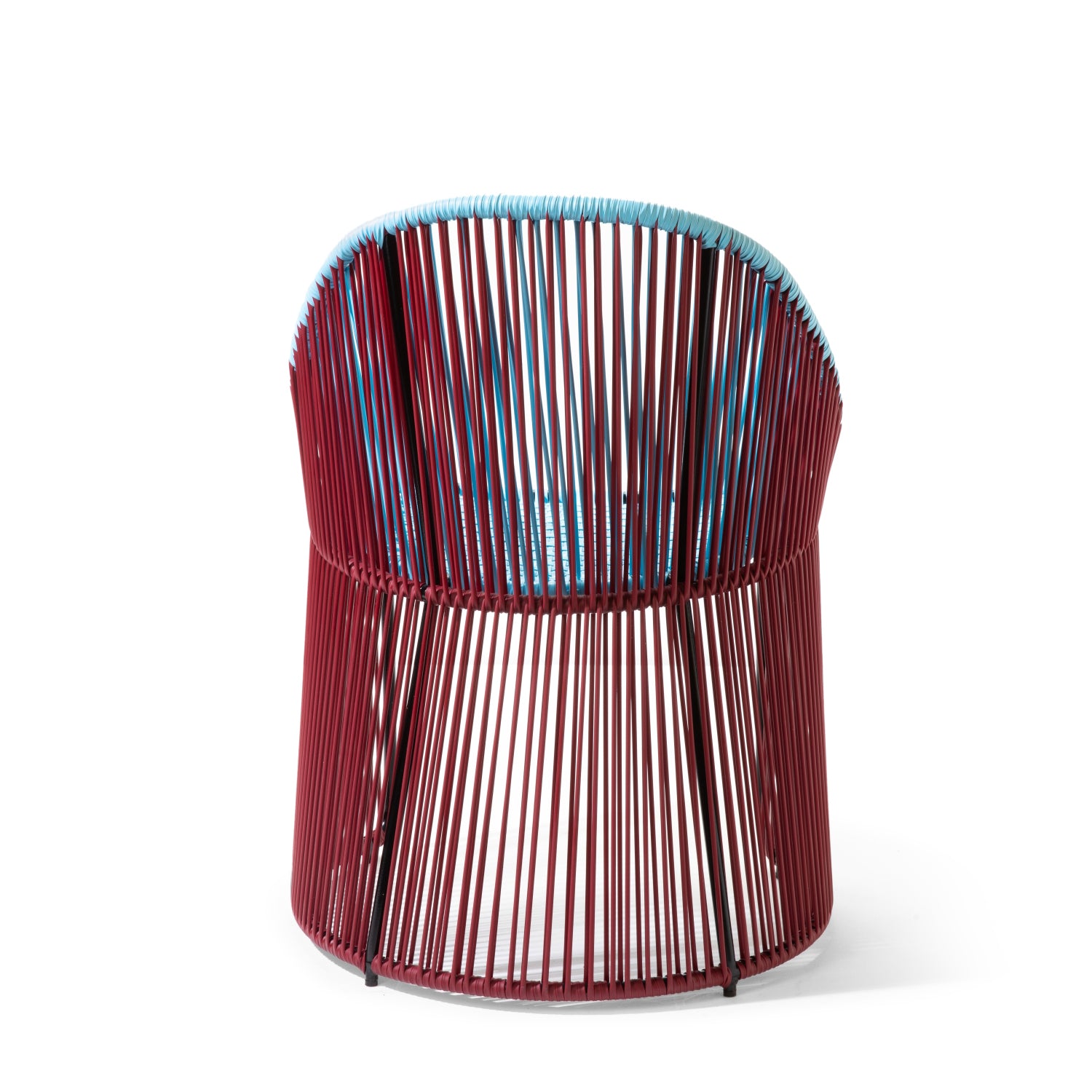 The Ames Cartagenas Dining Chair by Ames features a rounded back with vertical burgundy red rods and a light blue rim, shown from the back on a white background. Part of the Cartagenas seating collection.