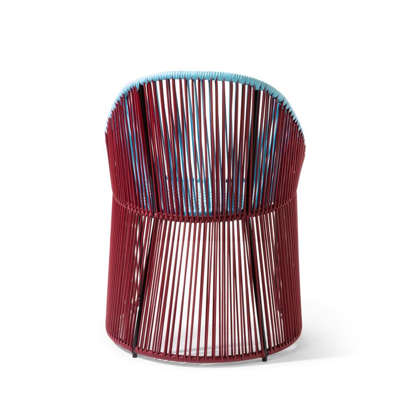 The Ames Cartagenas Dining Chair by Ames features a rounded back with vertical burgundy red rods and a light blue rim, shown from the back on a white background. Part of the Cartagenas seating collection.