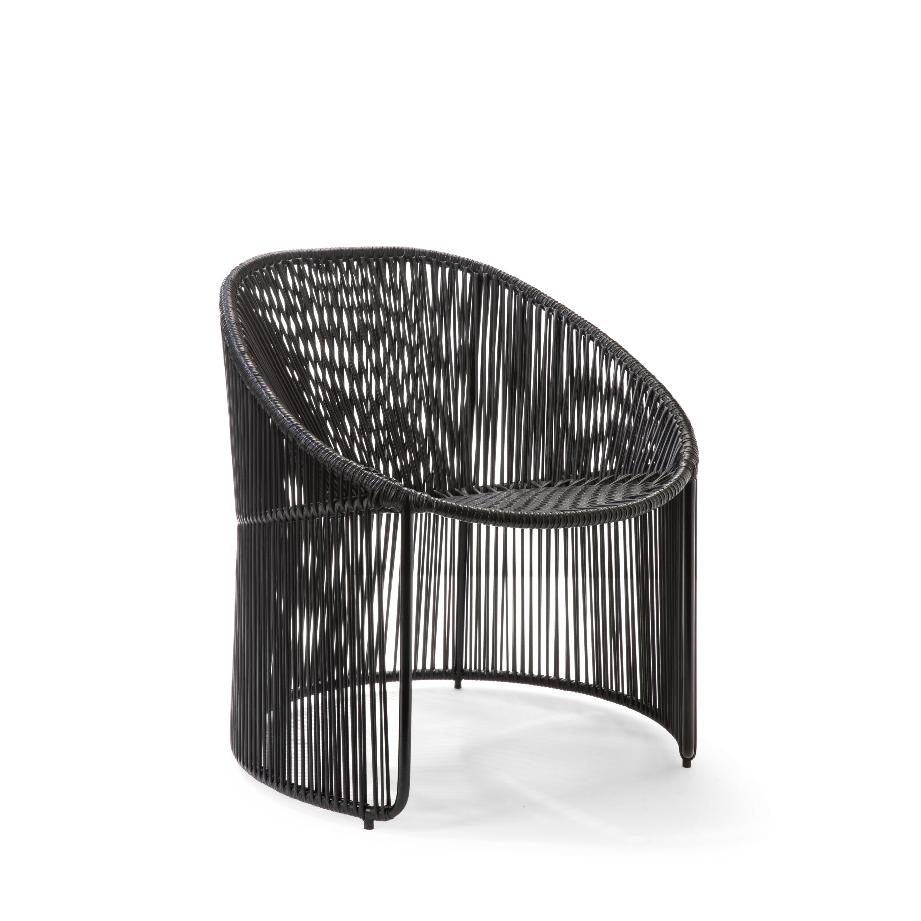 The Cartagenas Lounge Chair by Ames is a modern black chair with a rounded, open weave design. It features slender, tightly wound cords for a sleek look and offers ultimate relaxation with its low profile and slightly reclined back.