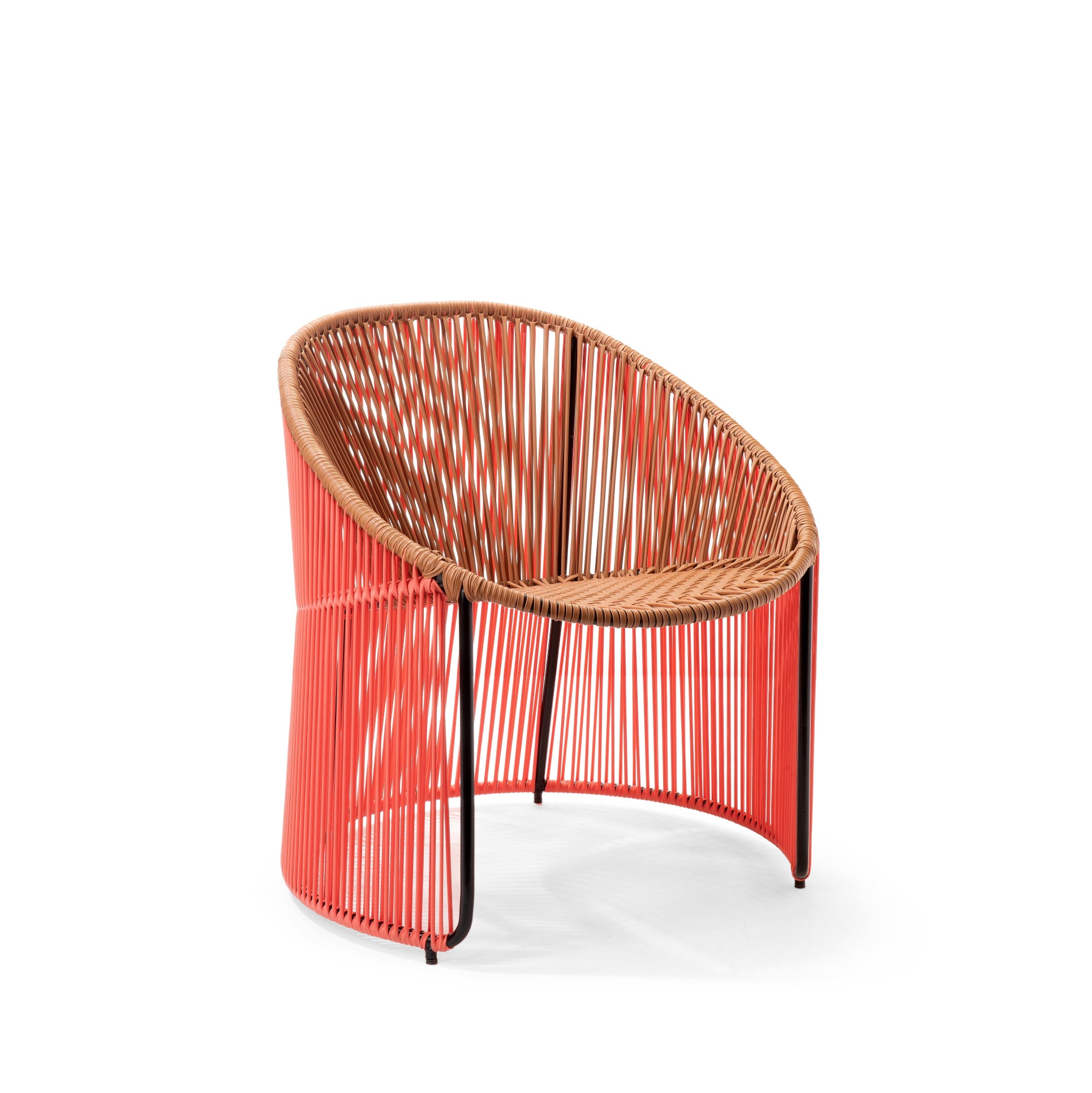 The Cartagenas Lounge Chair by Ames features a semi-circular design with a woven brown and red seat. Its sturdy metal frame is wrapped in vibrant red string-like material, offering a stylish contrast against a white backdrop.