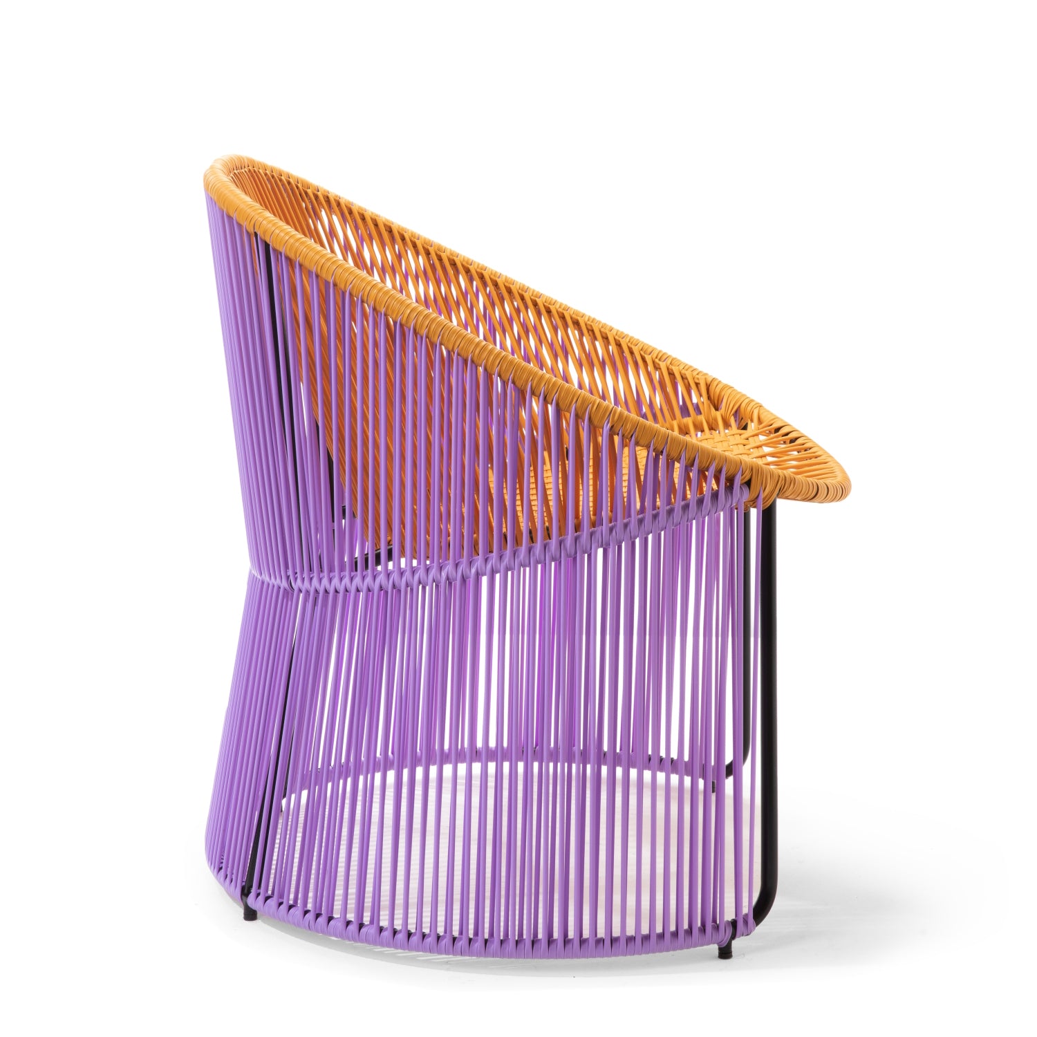 The Cartagenas Lounge Chair by Ames boasts a woven design with a purple frame and vibrant orange seating. Its angled, curved structure and airy construction make it a standout piece in any setting.