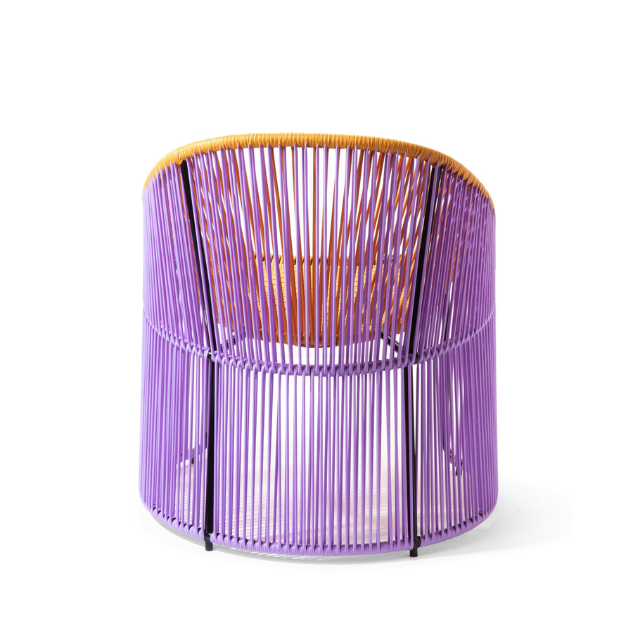 The Ames Cartagenas Lounge Chair features purple woven strands around a sturdy, round frame with an orange-yellow accent on the top edge. Its open, airy design and sleek modern look are key attributes of this contemporary seating collection.