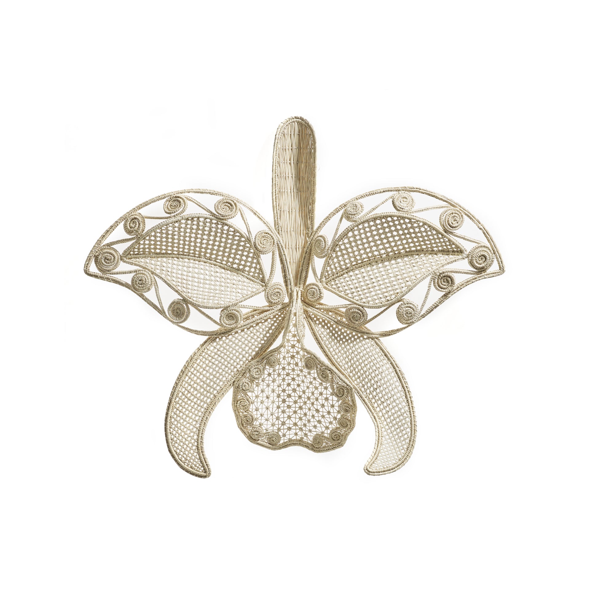 The Ames Cattleia Wall Decor by Ames features a detailed silver filigree orchid design with intricate wirework and delicate petal patterns, ideal as unique handmade wall art for any space.