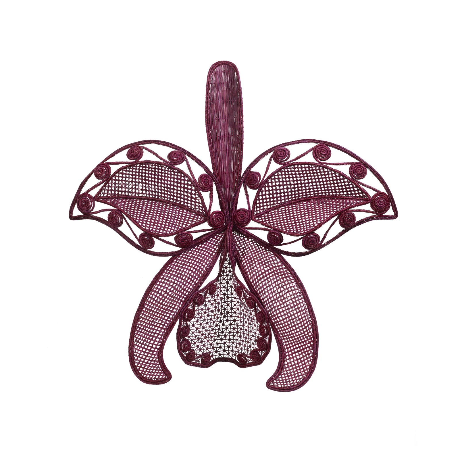 The Ames Cattleia Wall Decor by Ames features a detailed purple wire sculpture of a Cattleya orchid, showcasing swirling and netted petal patterns. Perfect as handmade wall art, it stands out against a white background.