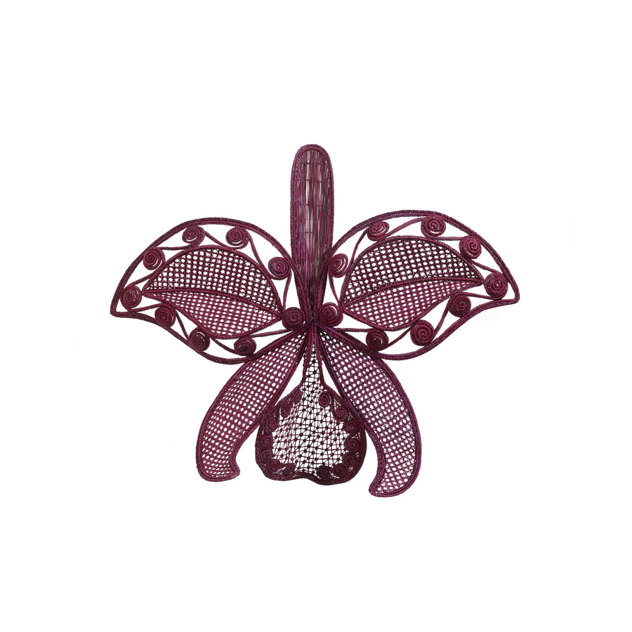 The Ames Cattleia Wall Decor by Ames features a handmade, butterfly-shaped design crafted from intricately woven maroon material with delicate patterns and spiral accents—an elegant textile wall accent for any space.