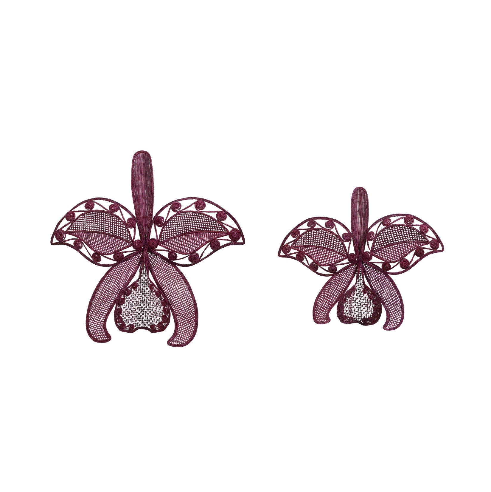 The Ames Cattleia Wall Decor by Ames features two handmade, dark red and silver orchid-shaped ornaments—one large, one small—perfect as elegant wall art, beautifully displayed against a plain white background.