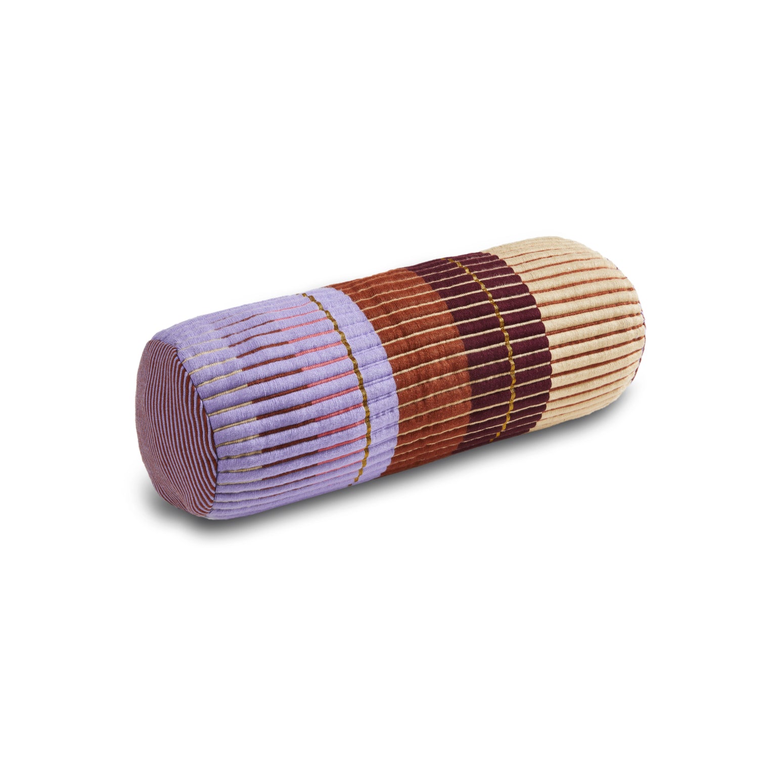 The Ames Chumbes Cylinder Cushion by Ames, designed by Mae Engelgeer, features hand-woven vertical stripes in light purple, brown, beige, and dark red segments on a white cylindrical pleated cushion.