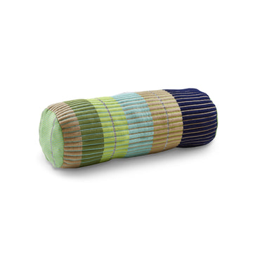The Ames Chumbes Cylinder Cushion features a corduroy-like textured fabric with green, blue, brown, and navy stripes on white—ideal for fans of handcrafted designs and Mae Engelgeer's style.