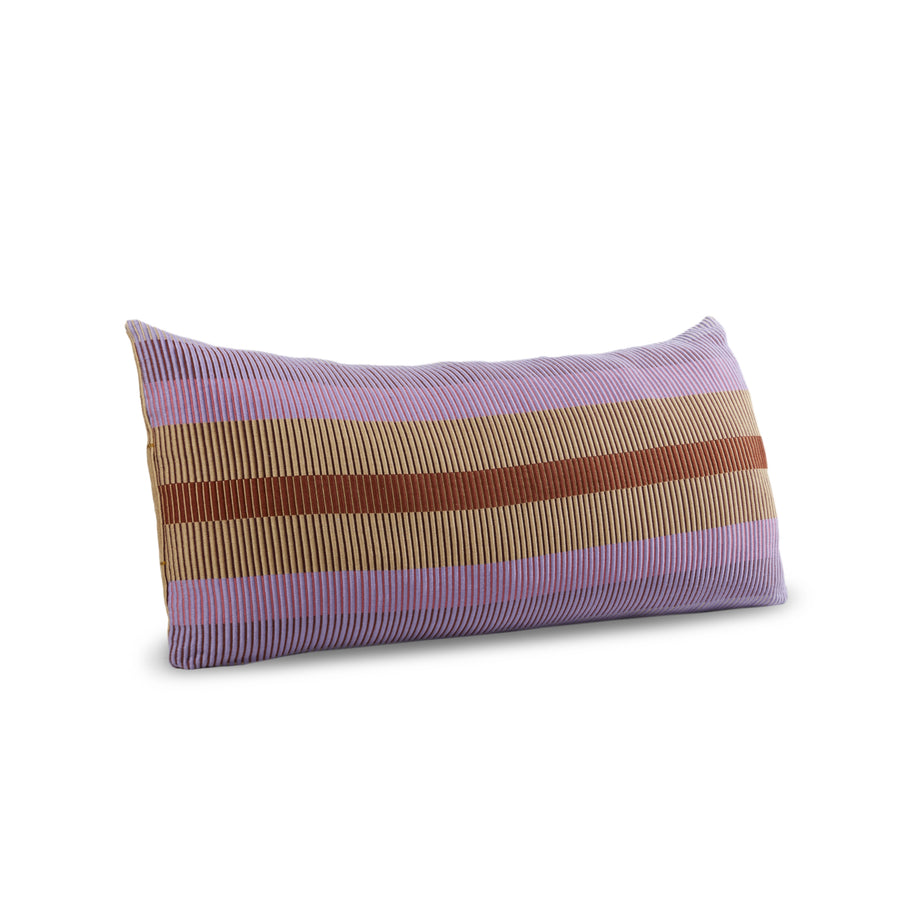 The Chumbes Layer by Ames is a rectangular pillow featuring a vertical striped pattern in purple, beige, and brown. Part of the Chumbe collection, it boasts textured fabric and is displayed at a slight angle on a white background.