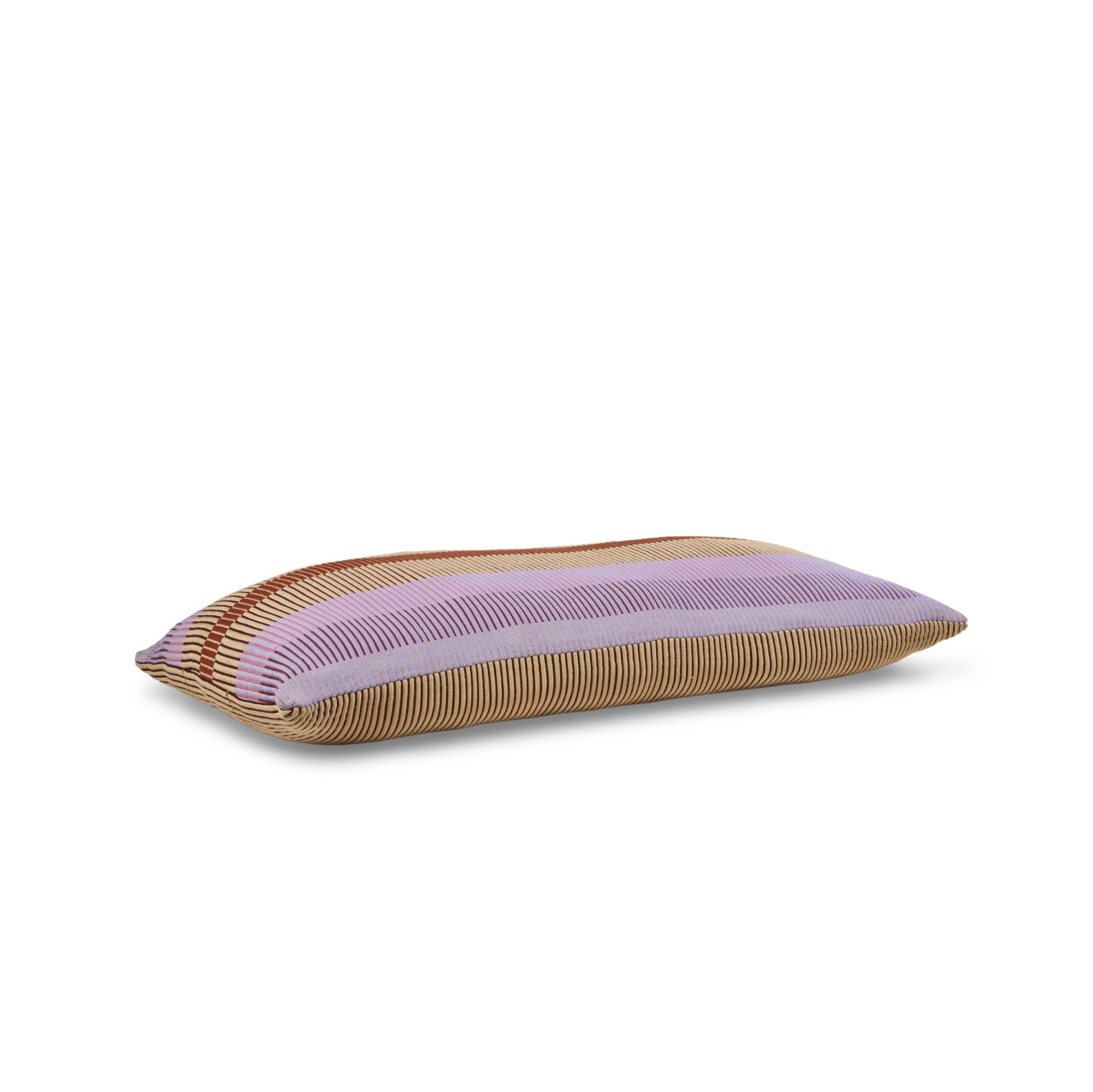 Introducing Ames Chumbes Layer: a rectangular, hand-woven cushion featuring horizontal stripes in purple, orange, and beige on a white background. This pillow stands out with its textured look and contrasting colors that reflect rich textile symbols.