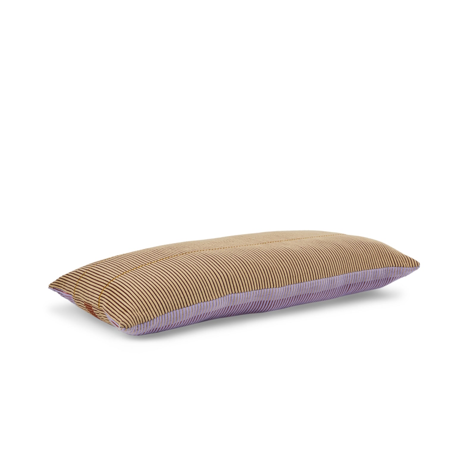 The hand-woven Chumbes Layer cushion by Ames features a rectangular design with brown and beige vertical stripes at the top, purple with white stripes at the bottom, set against a plain white background.