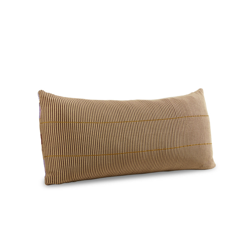 Part of the exquisite Chumbes Layer by Ames, this rectangular pillow boasts a brown and beige striped pattern on a white background. Its vertical stripes mimic hand-woven cushions, offering a captivating textured appearance.