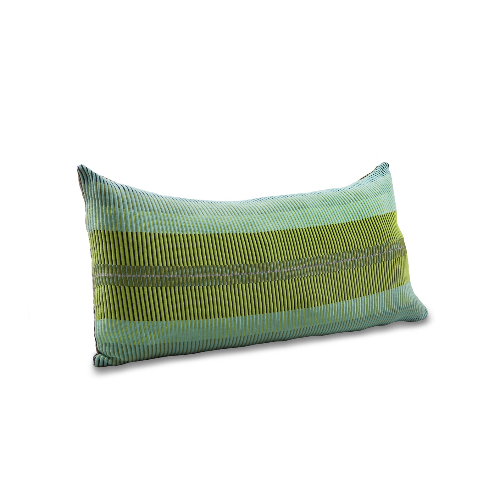 Part of Ames Chumbes Layer collection, this rectangular pillow features a modern design with horizontal stripes in green, blue, and yellow on a white background, highlighting the vibrant artistry of hand-woven cushions.