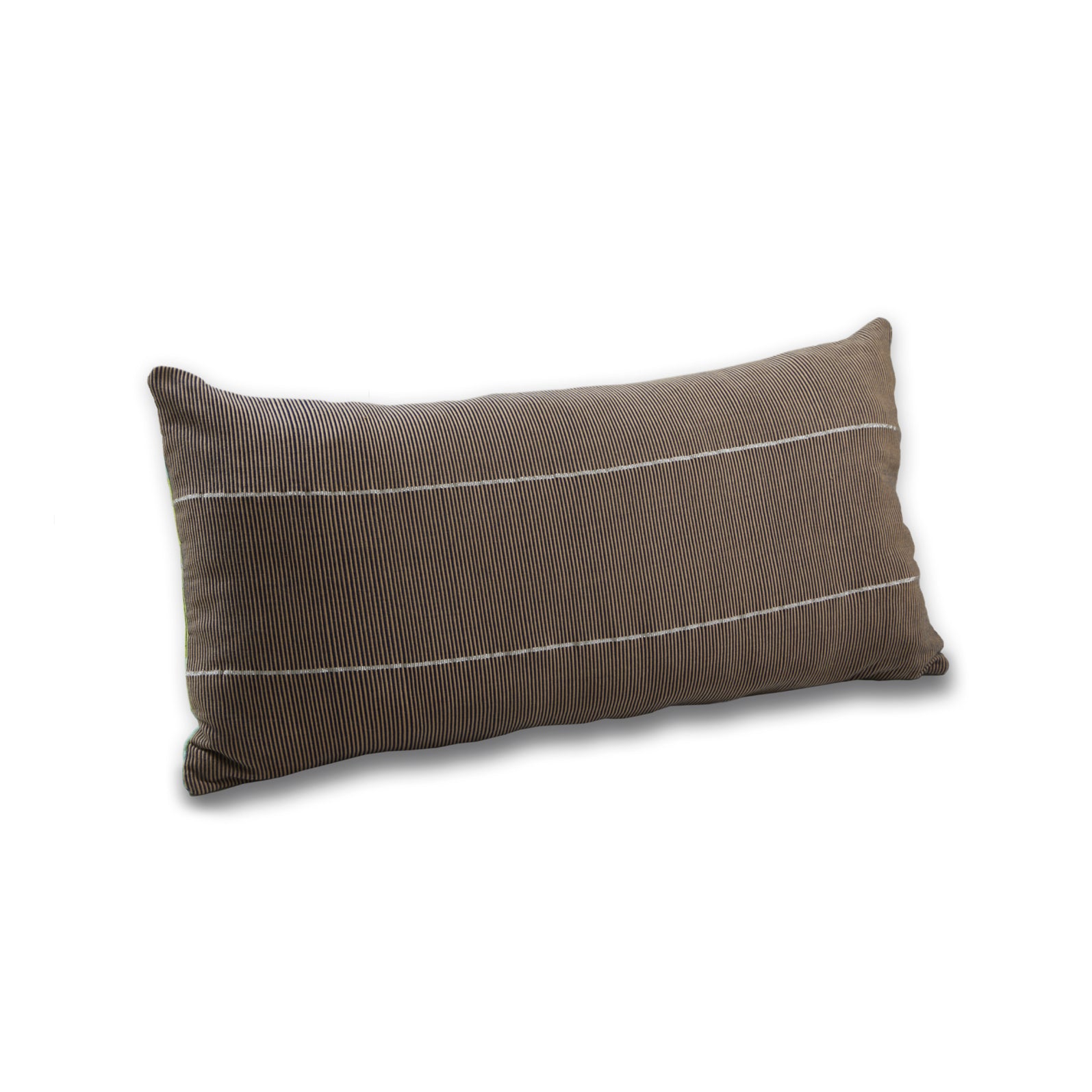 From Ames Chumbes Layer collection, this rectangular pillow features brown stripes on a light background, showcasing intricate textile symbols and the artistry of hand-woven cushions.