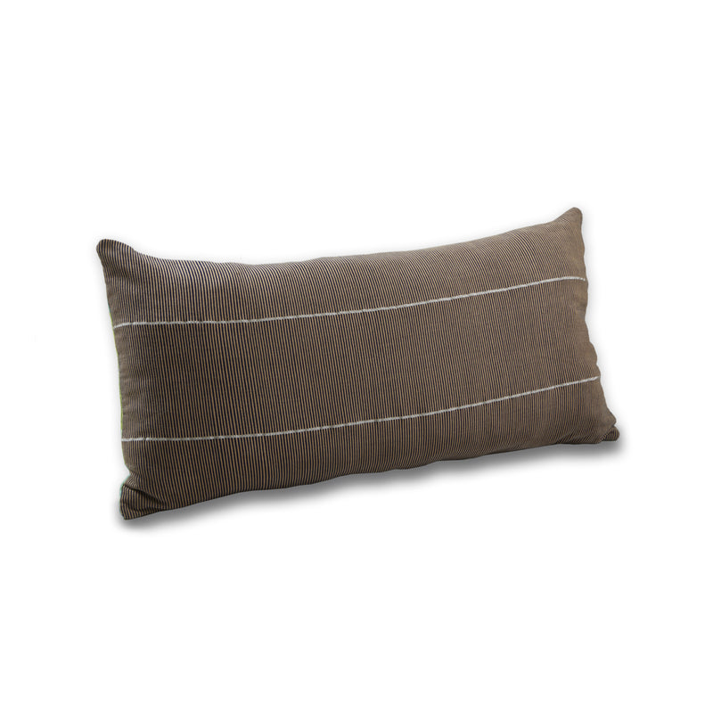 From Ames Chumbes Layer collection, this rectangular pillow features brown stripes on a light background, showcasing intricate textile symbols and the artistry of hand-woven cushions.