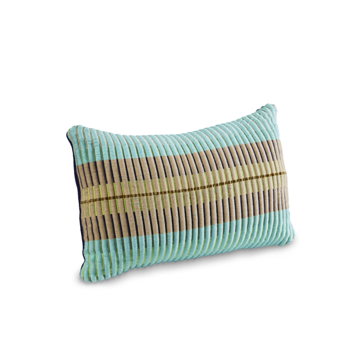 The Ames Chumbes Cushion by Ames is a rectangular corduroy pillow with horizontal stripes in turquoise, beige, green, and navy, inspired by traditional hand-woven designs. It has a plush look and stands out against a white background.