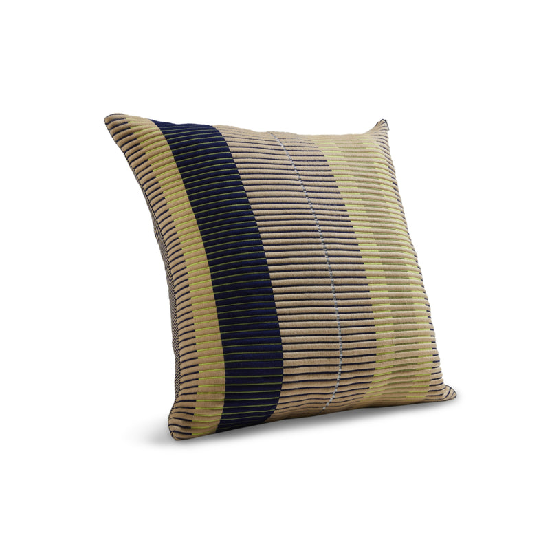 The Ames Chumbes Cushion by Ames is a square decorative pillow with horizontal stripes in beige, yellow, navy blue, and brown on white, inspired by Mae Engelgeer's hand-woven designs.