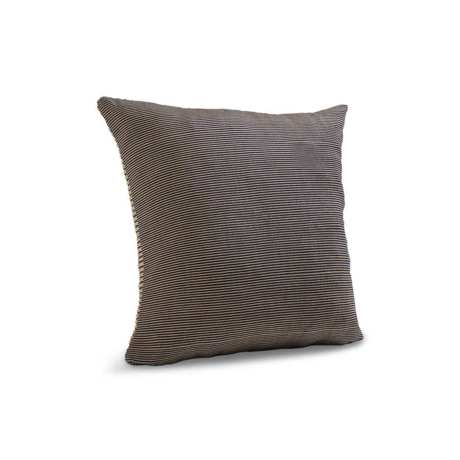 The Ames Chumbes Cushion by Ames is a square throw pillow with dark brown and black stripes, reminiscent of Mae Engelgeer's hand-woven style, shown on a plain white background.