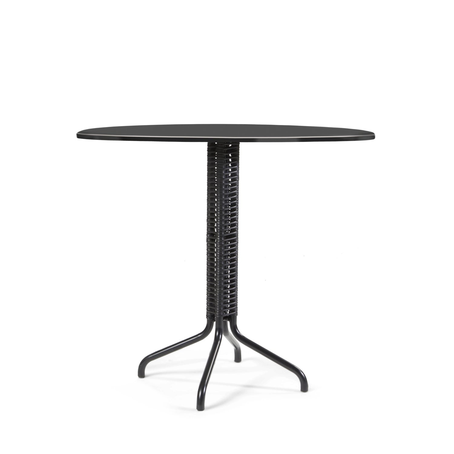 The Cielo Bistro Table by Ames, crafted with Sebastian Herkners signature style, features a compact design. It has a black round tabletop with a glossy finish on a wicker-style cylindrical base and three elegantly curved metal legs against a crisp white backdrop.