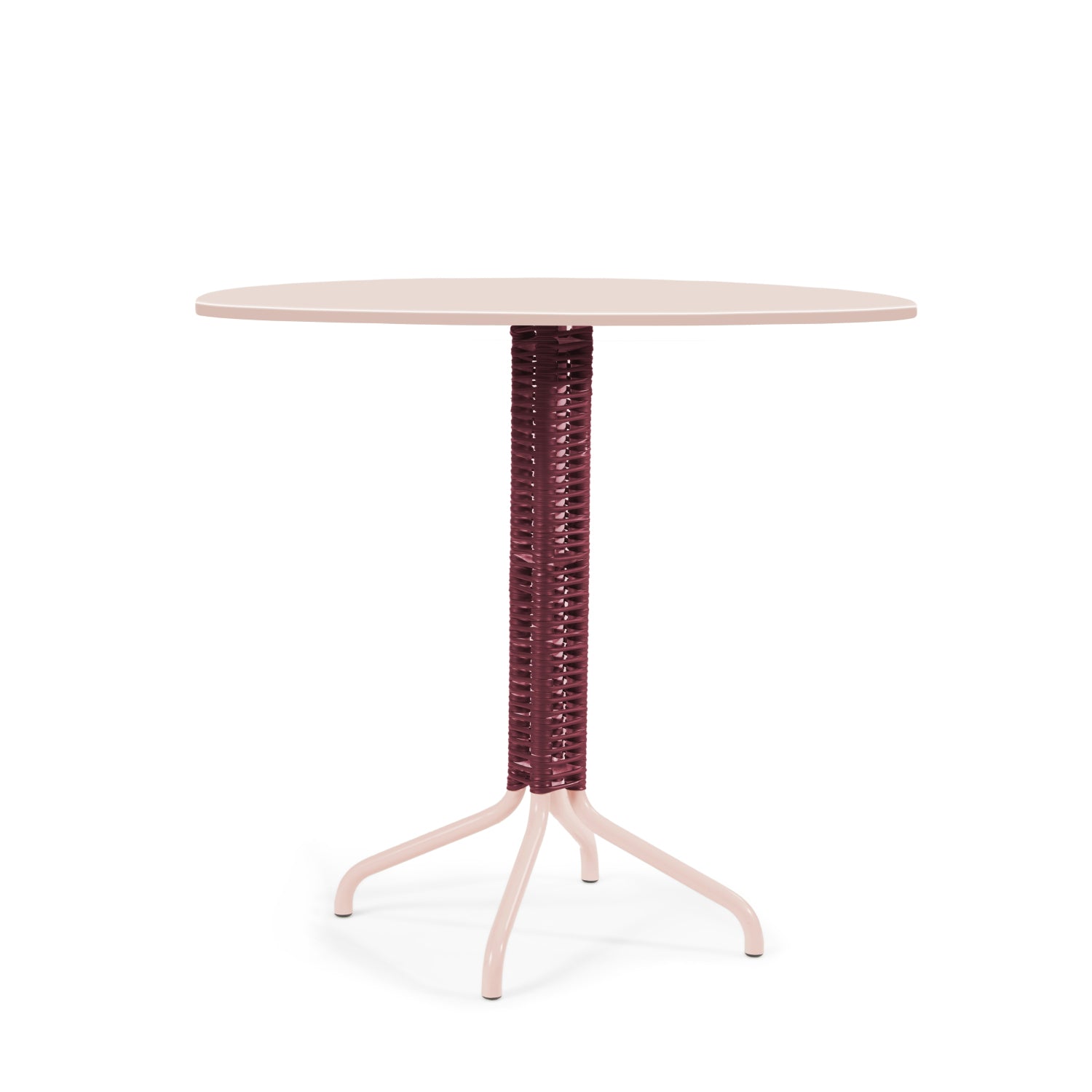 The Ames Cielo Bistro Table, crafted by Sebastian Herkner, is a compact work of art. This round beige table has a central leg wrapped in a burgundy spiral and stands on four curved beige legs against a plain white background.
