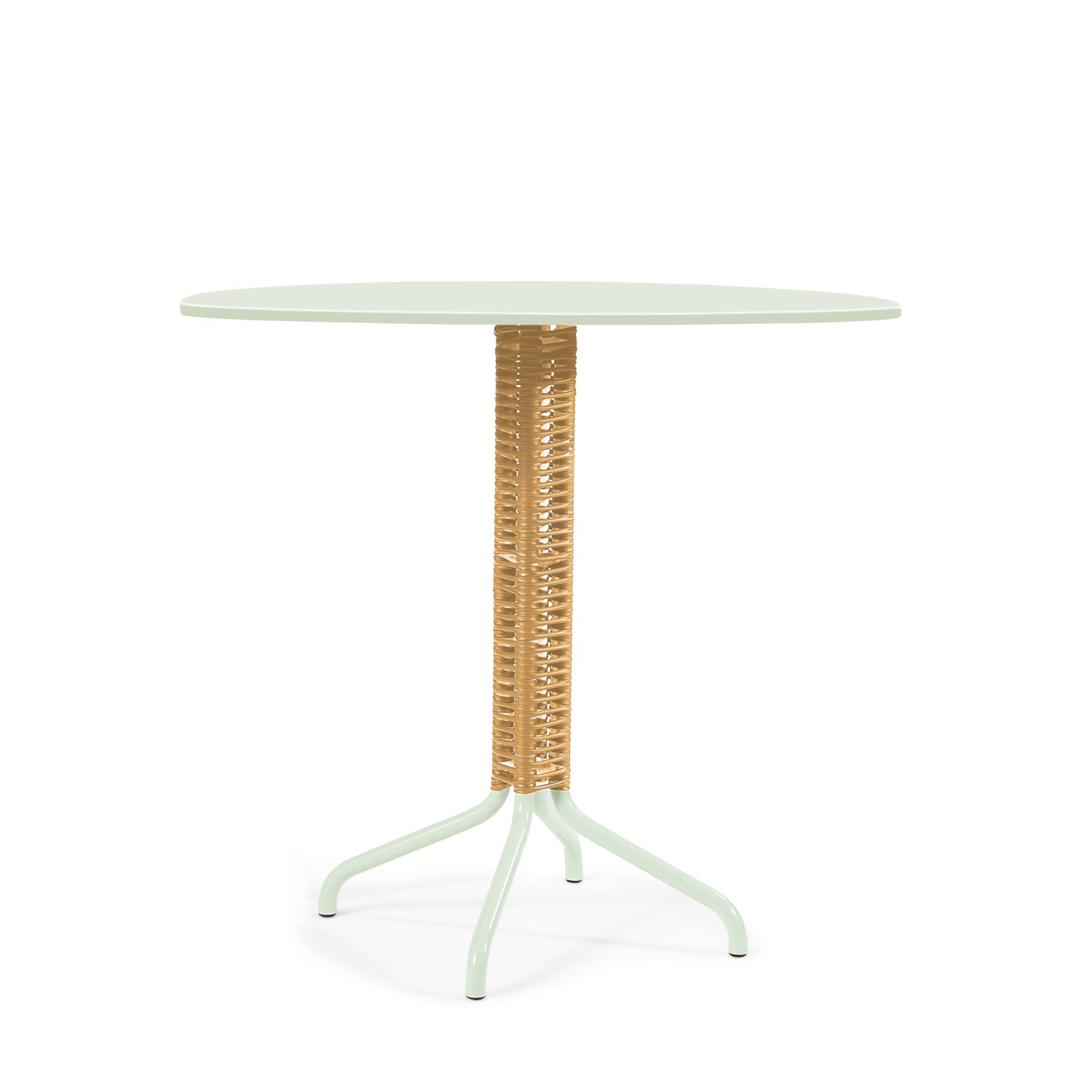 The Cielo Bistro Table by Ames is a round, slender piece designed by Sebastian Herkner. It features a light green wicker-wrapped central pole and four curved legs, perfect for compact indoor and outdoor settings.