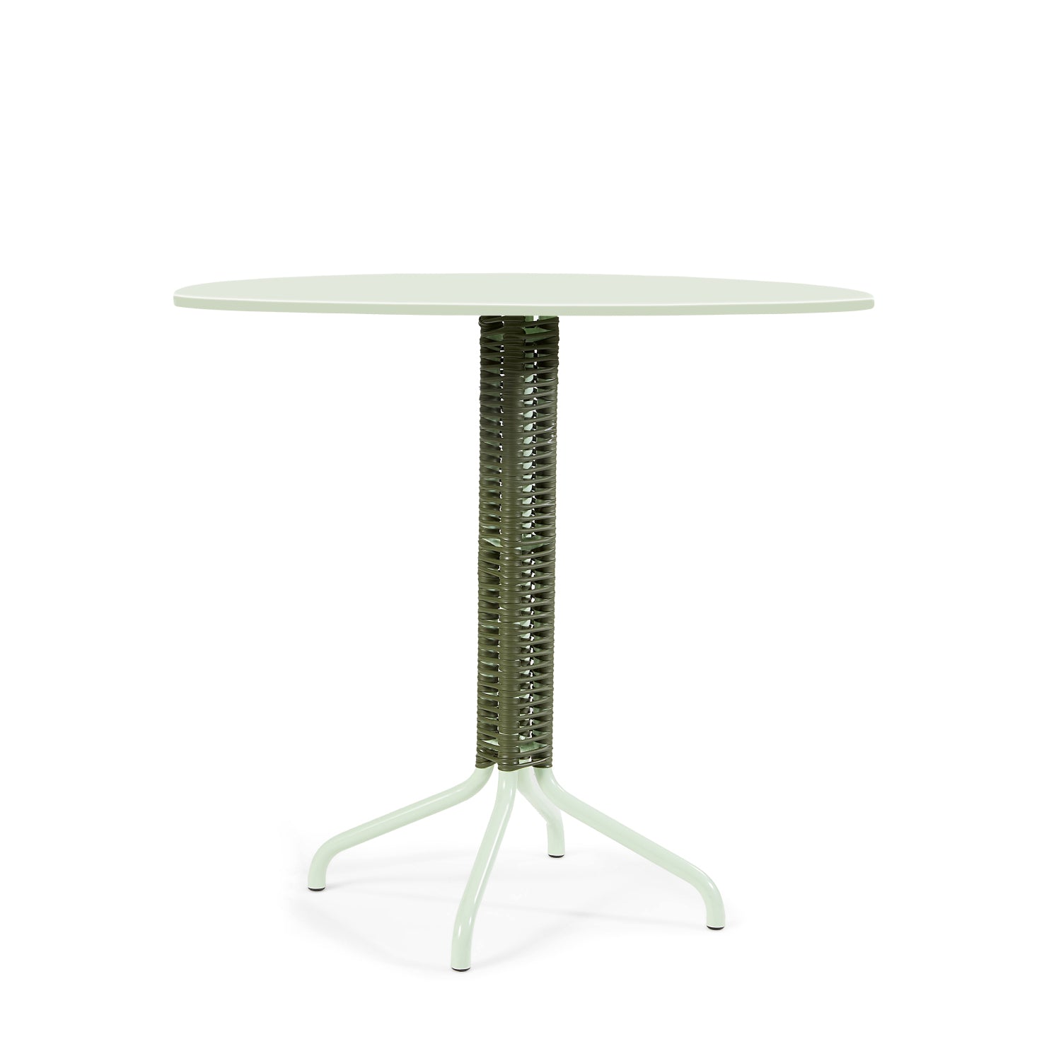 The Cielo Bistro Table by Ames, designed by Sebastian Herkner, showcases a round, pale green top and a textured cylindrical support with four slim, splayed legs, offering a modern aesthetic perfect as a bar or accent table.