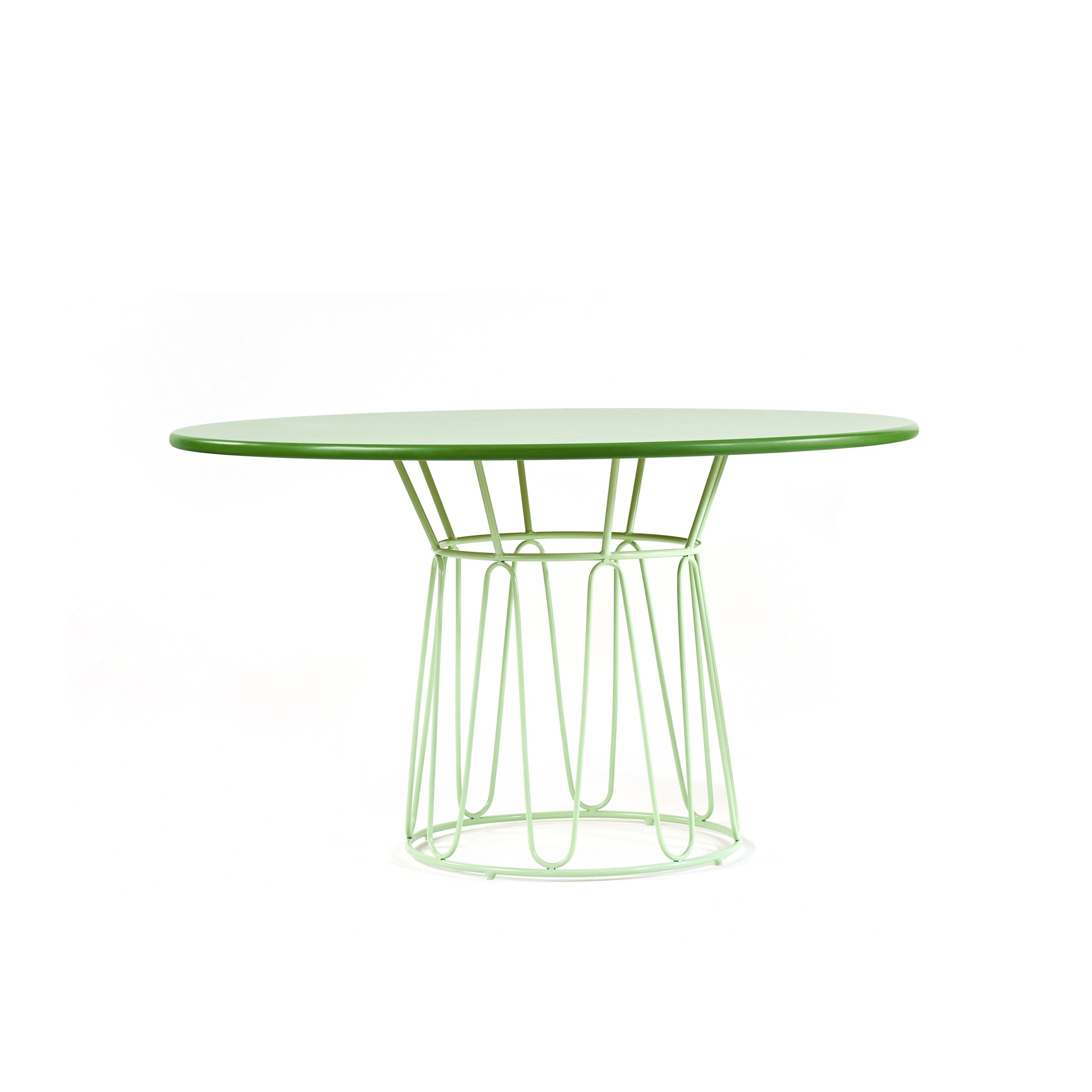The Ames Circo Dining Table by Ames features a green top and geometric open metal base in matching green, designed for indoor use, shown against a plain white background.