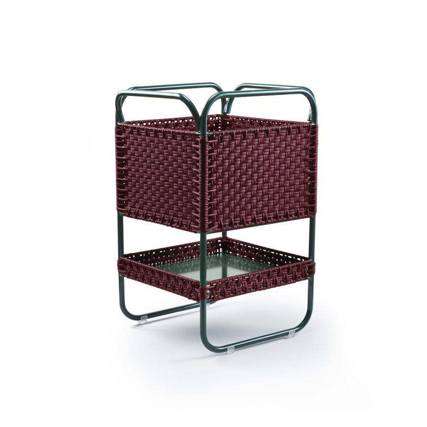 The Dichas Basket by Ames is a rectangular, two-level woven basket made of burgundy recycled plastic wicker with a sturdy gray metal frame, perfect for versatile storage against a white background.