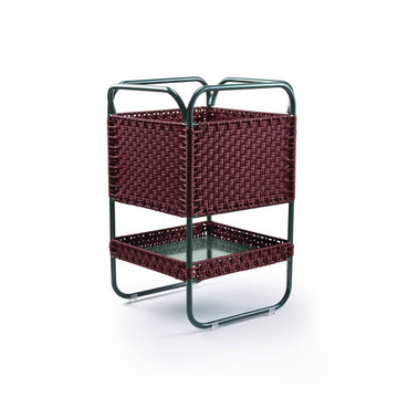 The Dichas Basket by Ames is a rectangular, two-level woven basket made of burgundy recycled plastic wicker with a sturdy gray metal frame, perfect for versatile storage against a white background.