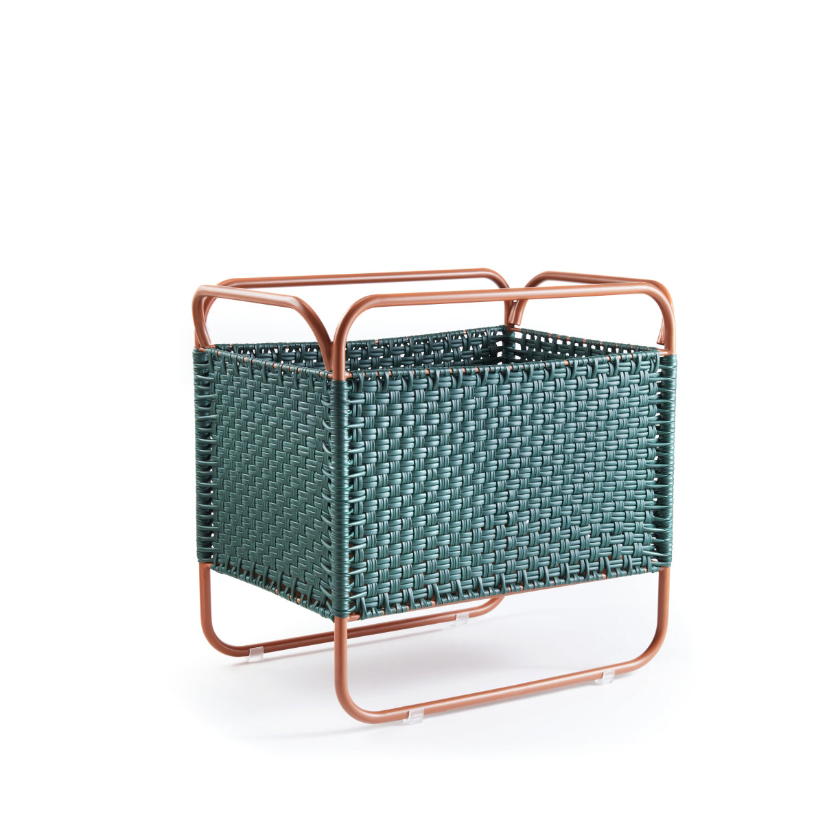 The Ames Dichas Natural Basket 1 by Ames is a rectangular green woven storage basket with a copper-colored metal frame and legs, made from recycled plastic furniture, shown against a white background.
