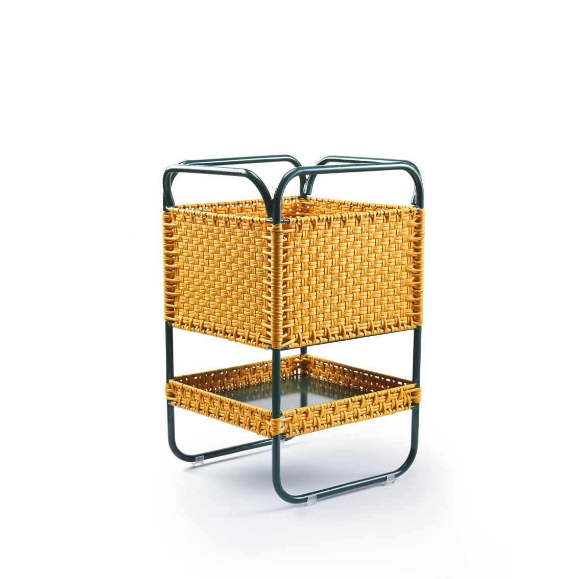 The Ames Dichas Basket is a compact, square piece made from recycled plastic featuring a golden woven design in a green metal frame. It has two tiers: the top holds the stylish storage basket, while the lower shelf remains empty to complement its simple, modern look.
