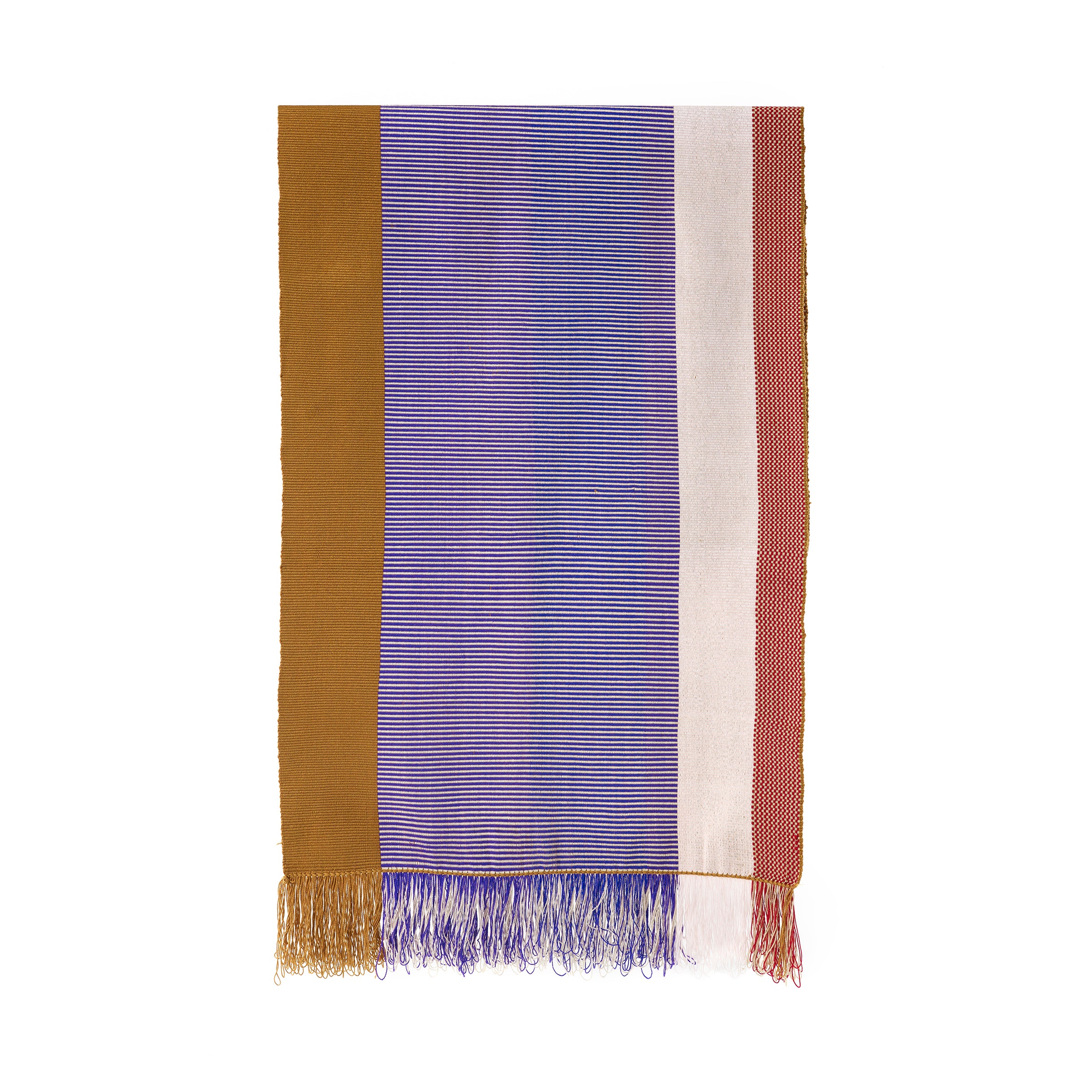 The Maraca Hammock by Ames features a rectangular fabric with vertical stripes in gold, purple, white, and red. It evokes the ethnic designs of Colombian hammocks with fringed edges matching these colors, delicate patterns throughout, and a plain white background.