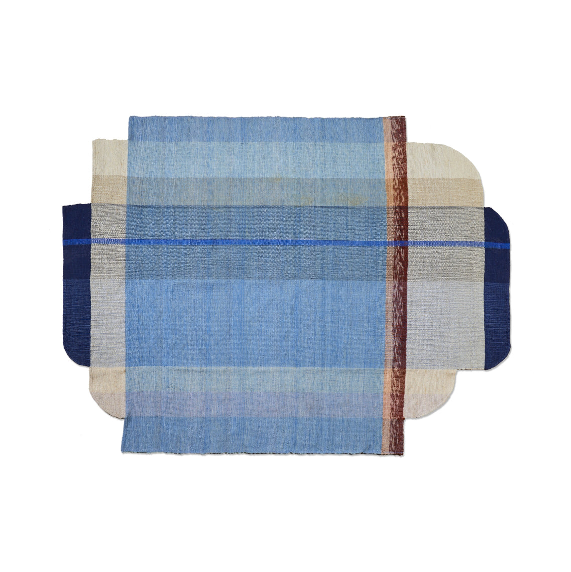 The Ames Muyska Rug by Ames is a hand-woven wool rug with overlapping rectangles, rounded shapes in blue, beige, cream, and a vertical brown stripe for a layered geometric abstract look perfect for modern interiors.
