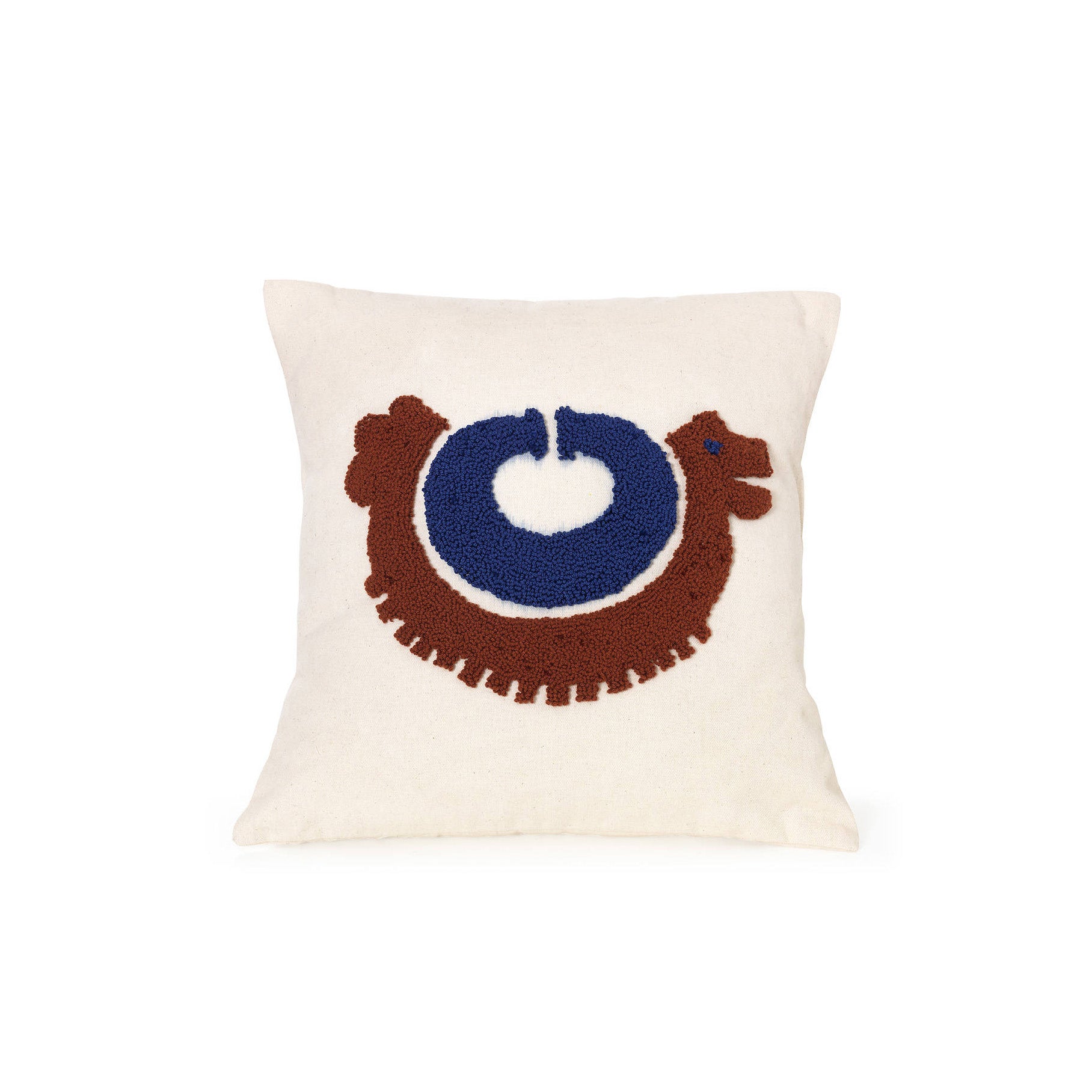 The Ames Nido Pichu is a square white throw pillow by Ames, featuring a stylized abstract brown and blue rooster design inspired by Nido cushions—ideal for handmade cushion enthusiasts.