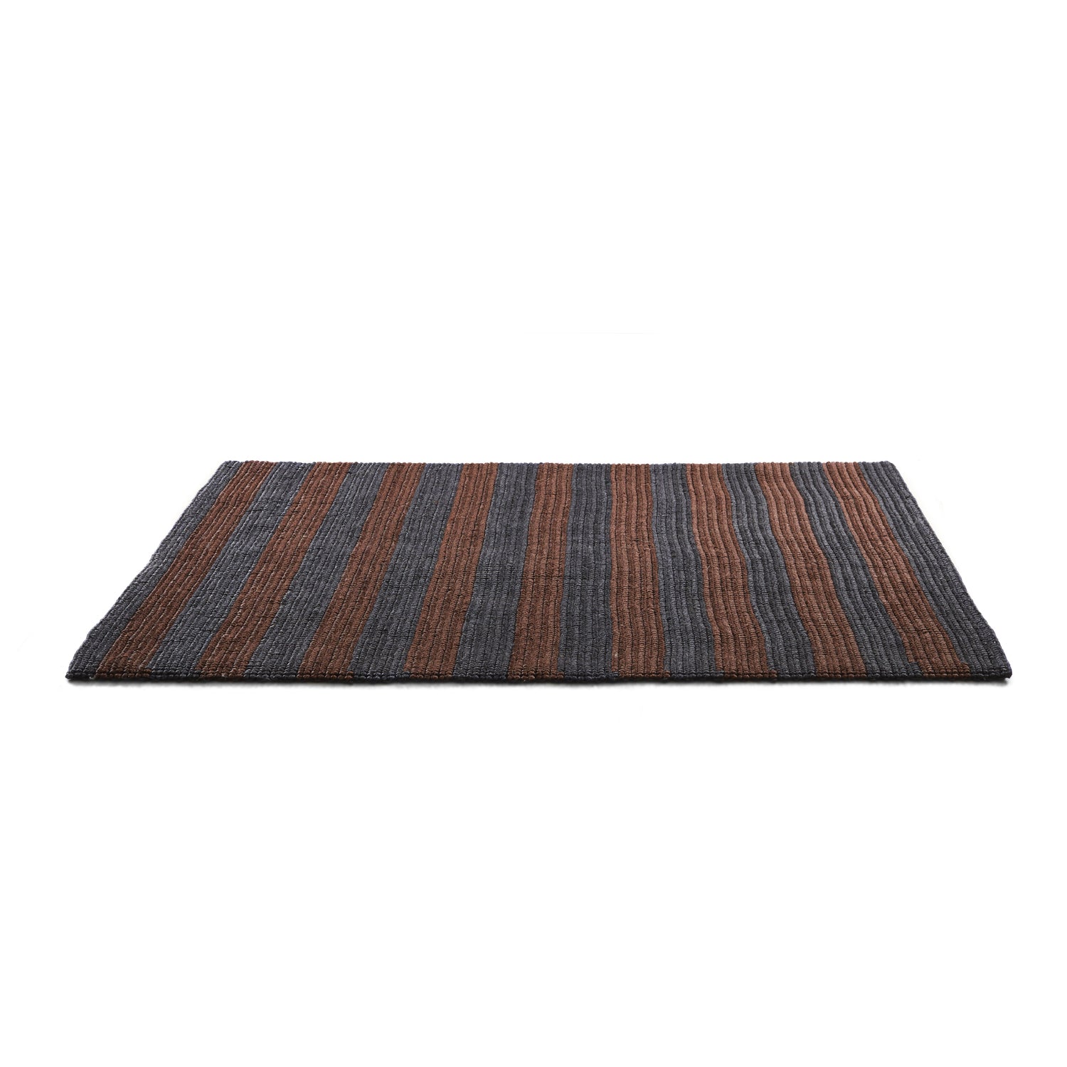 The Ames Par Raya Rug features a rectangular design with alternating dark gray and brown vertical stripes, crafted from natural fibers for an elegant woven texture against a plain white background.