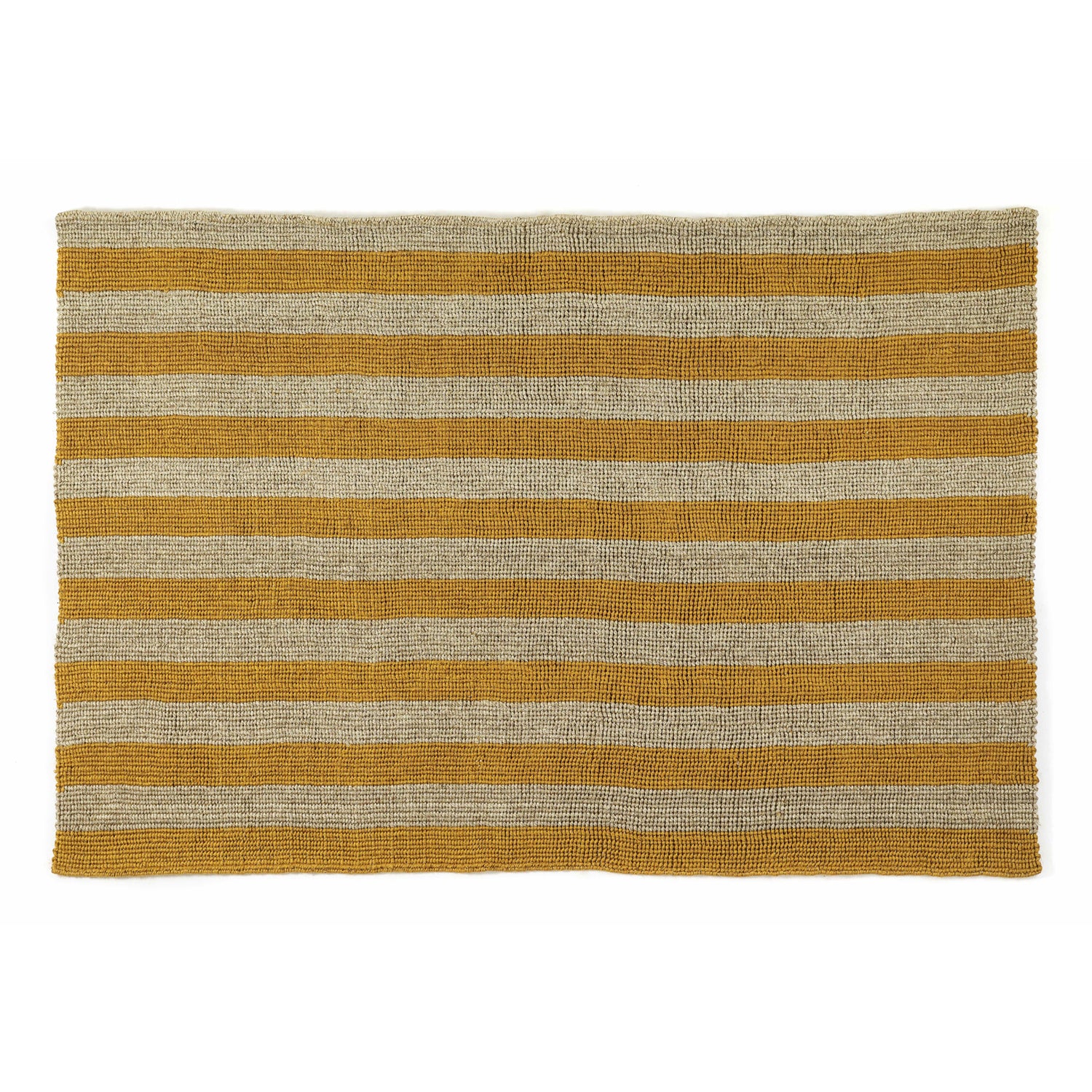 The Ames Par Raya Rug features a handcrafted look with alternating horizontal stripes in mustard yellow and beige, reminiscent of natural fiber carpets.