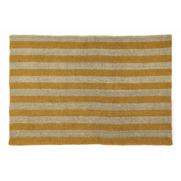The Ames Par Raya Rug features a handcrafted look with alternating horizontal stripes in mustard yellow and beige, reminiscent of natural fiber carpets.
