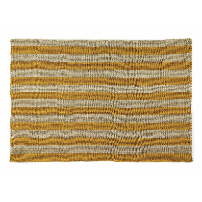 The Ames Par Raya Rug features a handcrafted look with alternating horizontal stripes in mustard yellow and beige, reminiscent of natural fiber carpets.