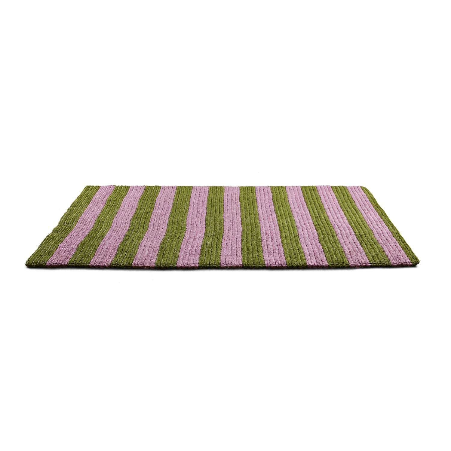 The Par Raya Rug by Ames elegantly features green and purple vertical stripes on a white background. Crafted from natural fibers, it seamlessly combines traditional handmade techniques with modern aesthetics.
