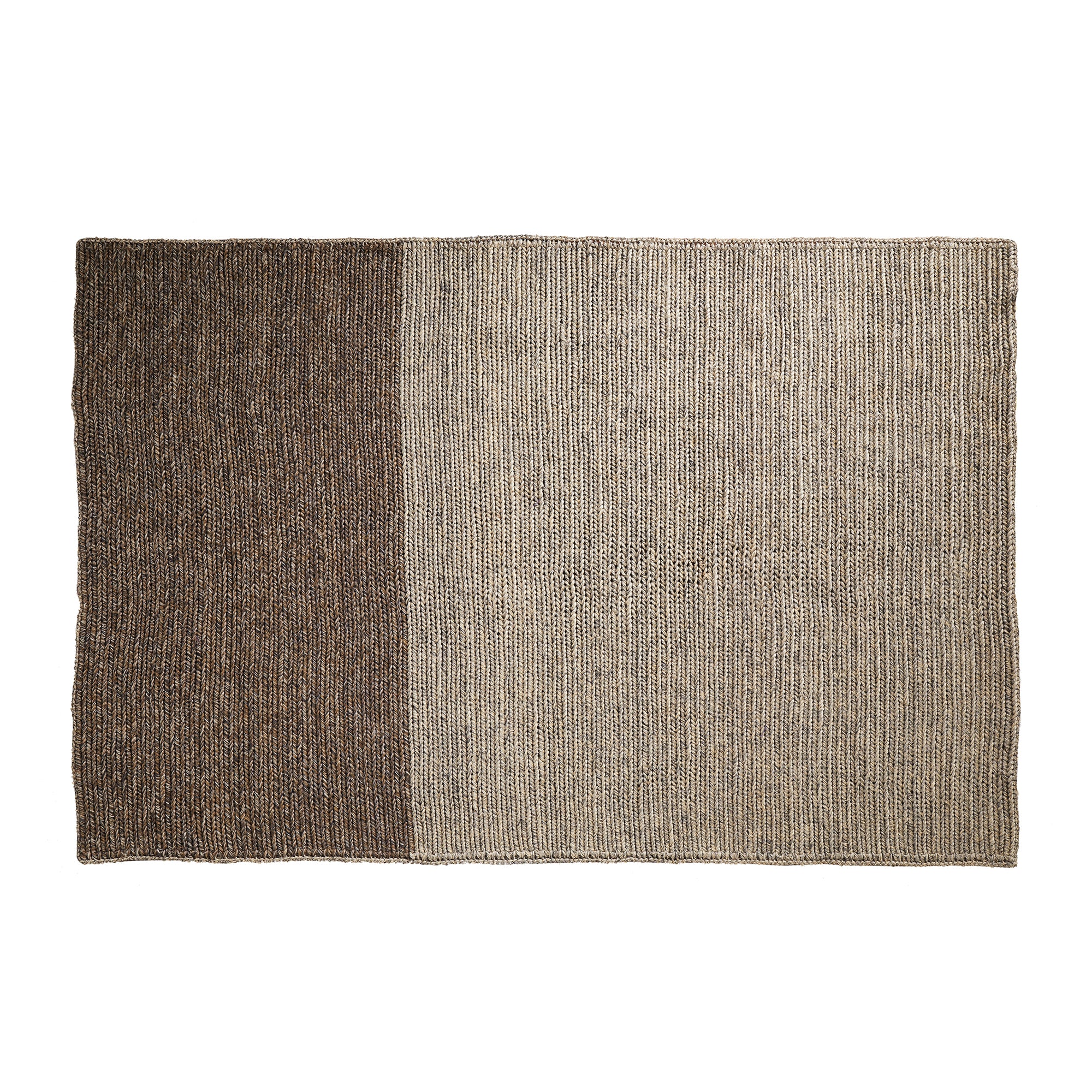 The Ames Par Rug by Ames features a rectangular handmade design split vertically: the left side displays rich dark brown tones, while the right is a lighter beige with a subtle striped texture.