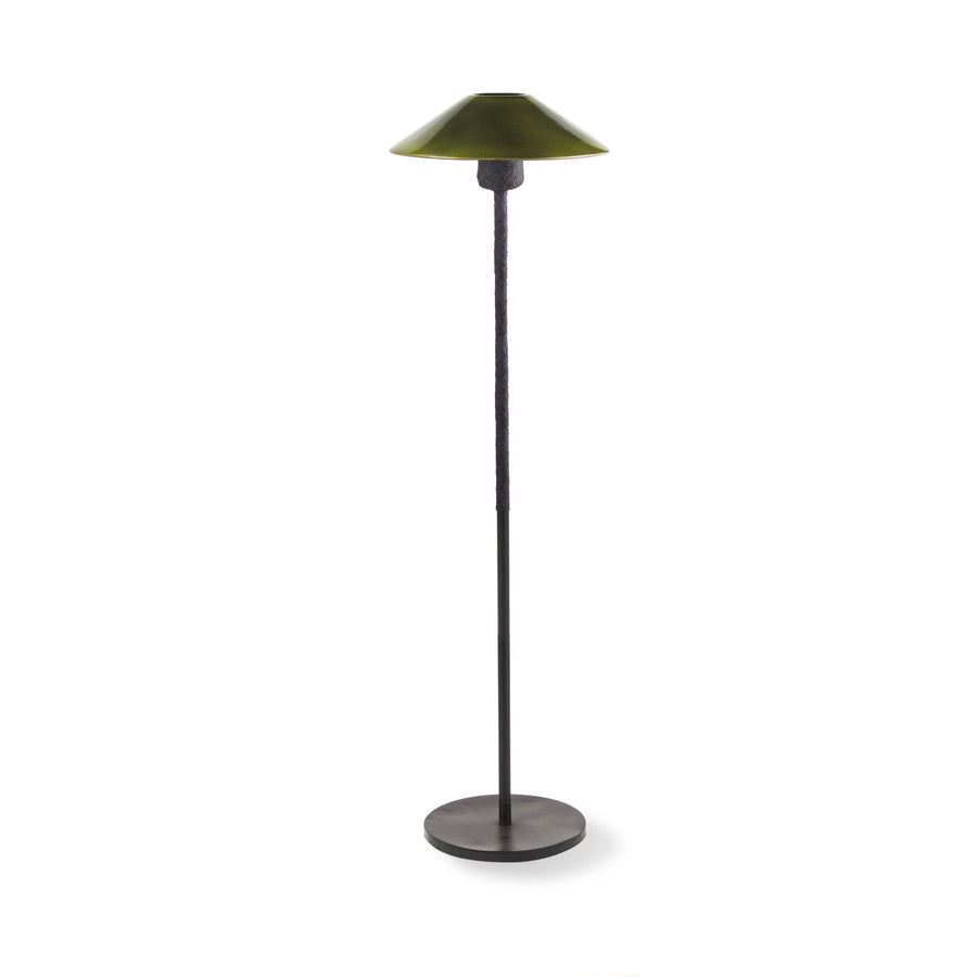 The Ames Raiz Floor Lamp by Ames features a round black base, slim black pole, and wide green shade. Its minimalist design reflects Colombian craftsmanship, offering a contemporary and stylish accent for any space.