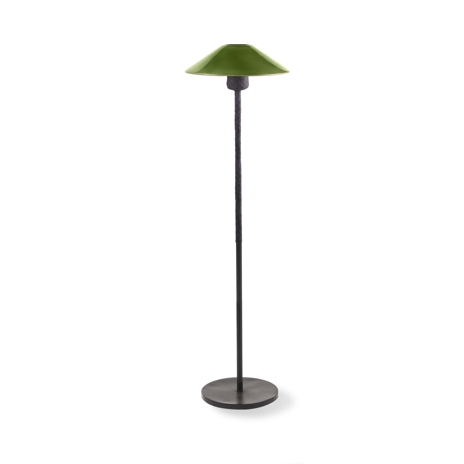The Ames Raiz Floor Lamp by Ames features a slender black stand, round flat black base, and a green conical shade that reflects Colombian craftsmanship, shown here against a plain white background.