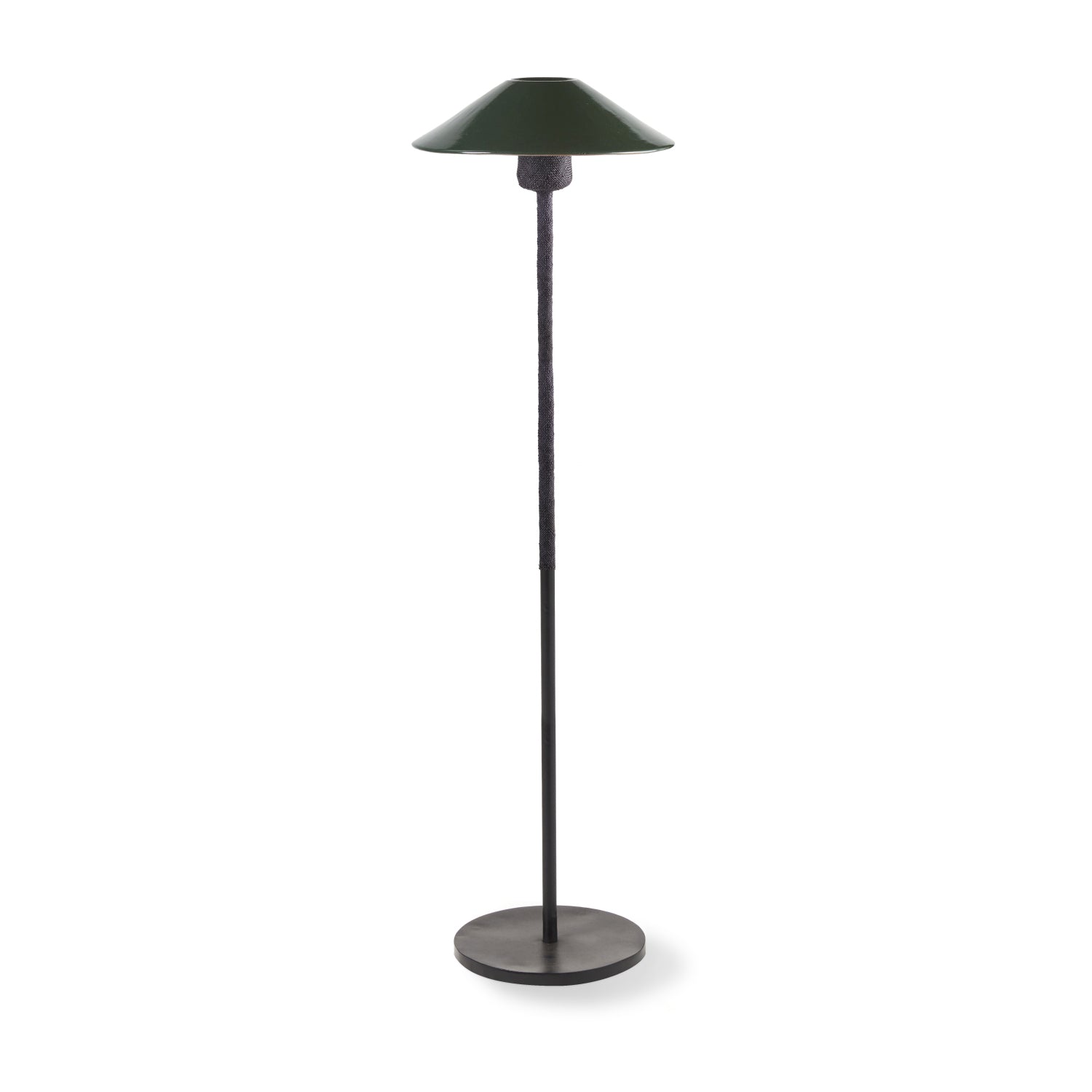 The Ames Raiz Floor Lamp by Ames features a dark green, wide, shallow lampshade, a slim black pole, and a round flat base. Inspired by Colombian craftsmanship, its minimalist design adds an elegant, modern touch to any space.