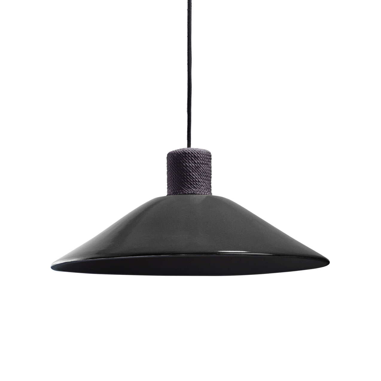The Ames Raiz Pendant Lamp Large by Ames features a wide, conical ceramic shade with a textured, cylindrical top and hangs from a black cord, beautifully showcasing handmade craftsmanship against a white backdrop.