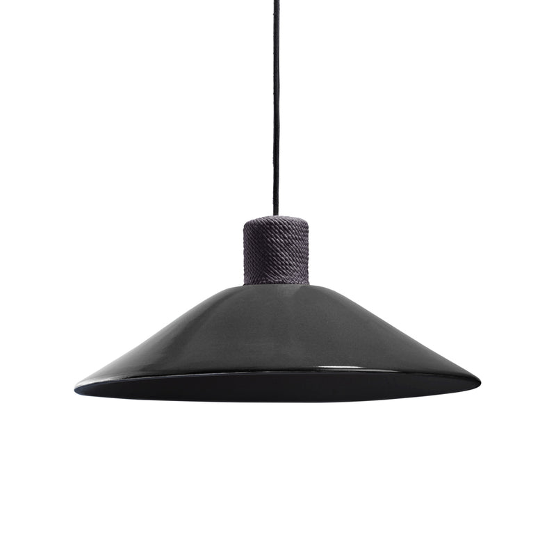 The Ames Raiz Pendant Lamp Large by Ames features a wide, conical ceramic shade with a textured, cylindrical top and hangs from a black cord, beautifully showcasing handmade craftsmanship against a white backdrop.